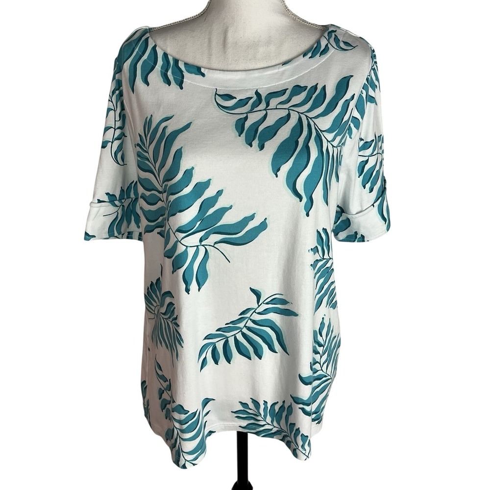CHICO'S 3 Blue White Summer Tropical Leaves Short Sleeve Boat Neck Top Cotton